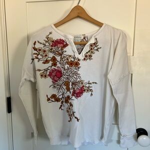 Sundance Waffle Weave Embroidered Floral Ivory Long Sleeve Thermal Boho Top S
